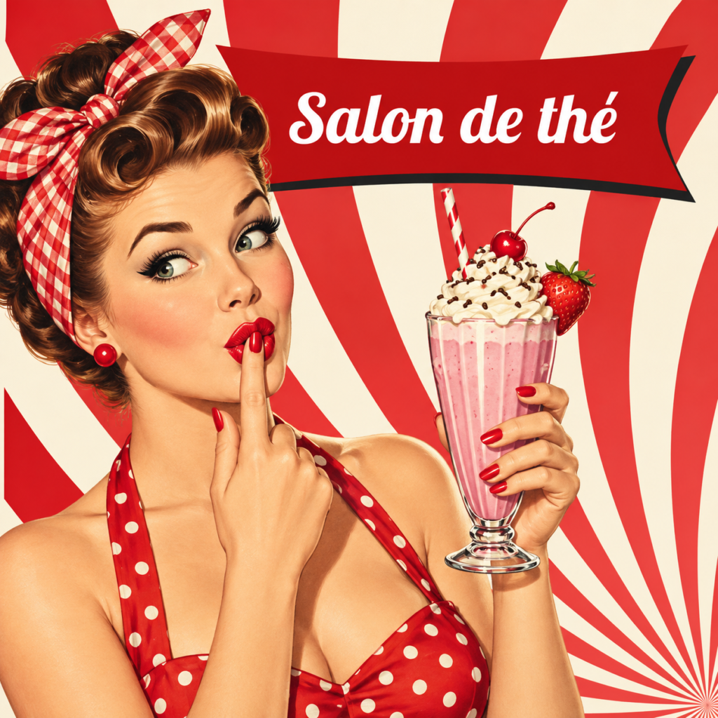 Pin-up des années 50 buvant un milkshake et une bannière avec écrit Salon de Thé - Sweet Candy Shop