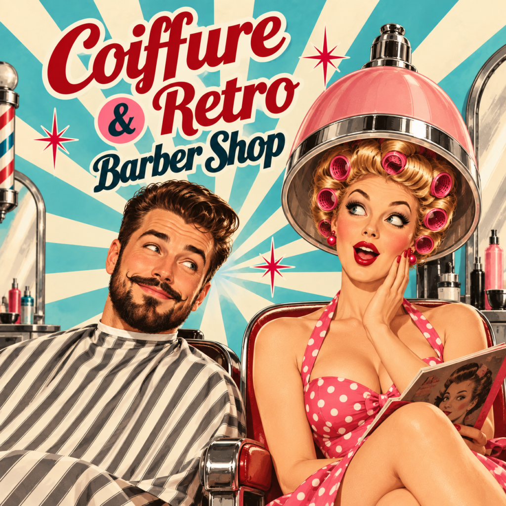 couple de clients dans le style années 50 au salon de coiffure avec écrit au dessus Coiffure rétro et barber shop