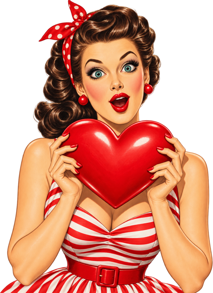 Pin-up des années 50 tenant un grand coeur dans ses mains