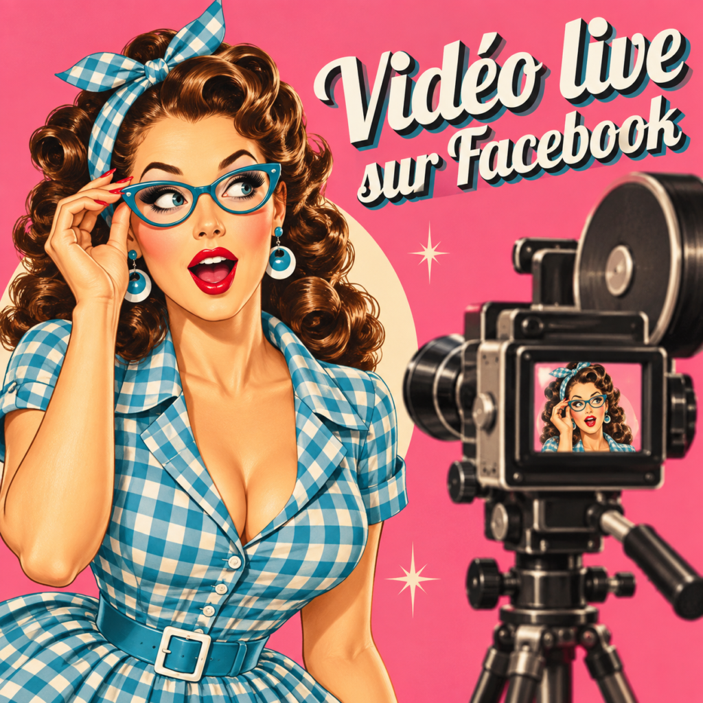 Pin-up des années 50 portant une robe bleu turquoise à carreaux posant devant une caméra avec un écrit Vidéo Live sur Facebook.