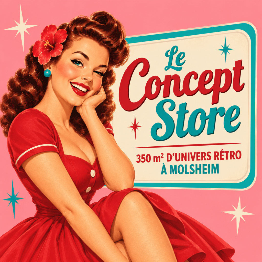 Pin-up des années 50 en robe rouge avec une fleur dans les cheveux devant une enseigne indiquant concept store